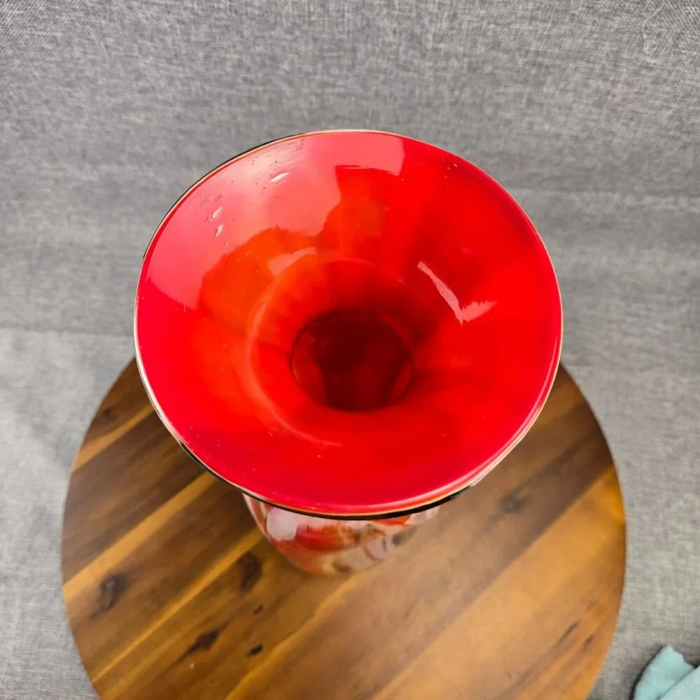 Vintage‎ Red Swirl Hand Blown Art Glass Vase Flared Rim Multi-Color 17 inch